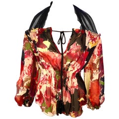 Jean Paul Gaultier Floral Print Semi-Sheer Silk Blouse Top