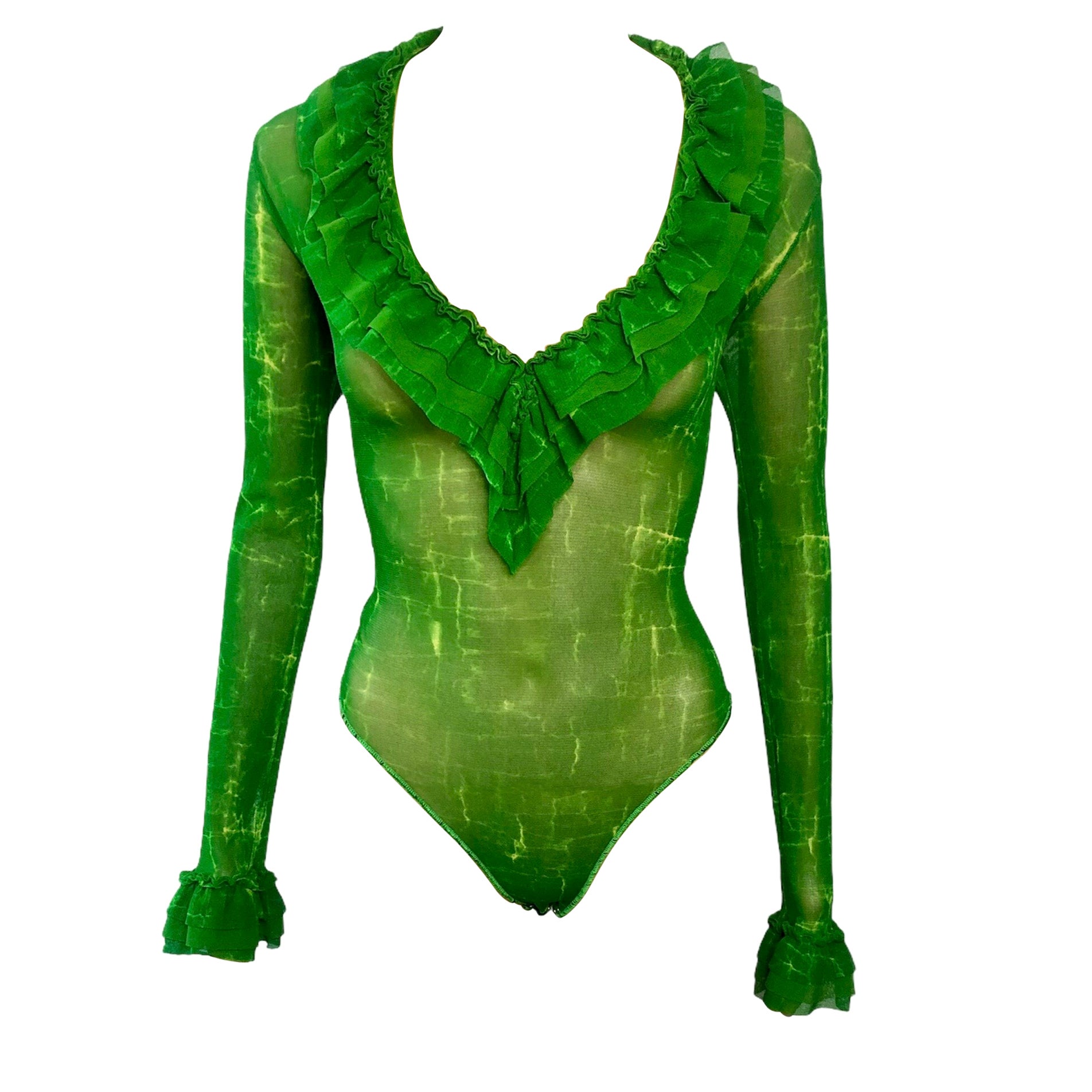 Jean Paul Gaultier Classique 1990's Vintage Semi-Sheer Mesh Green Bodysuit Top