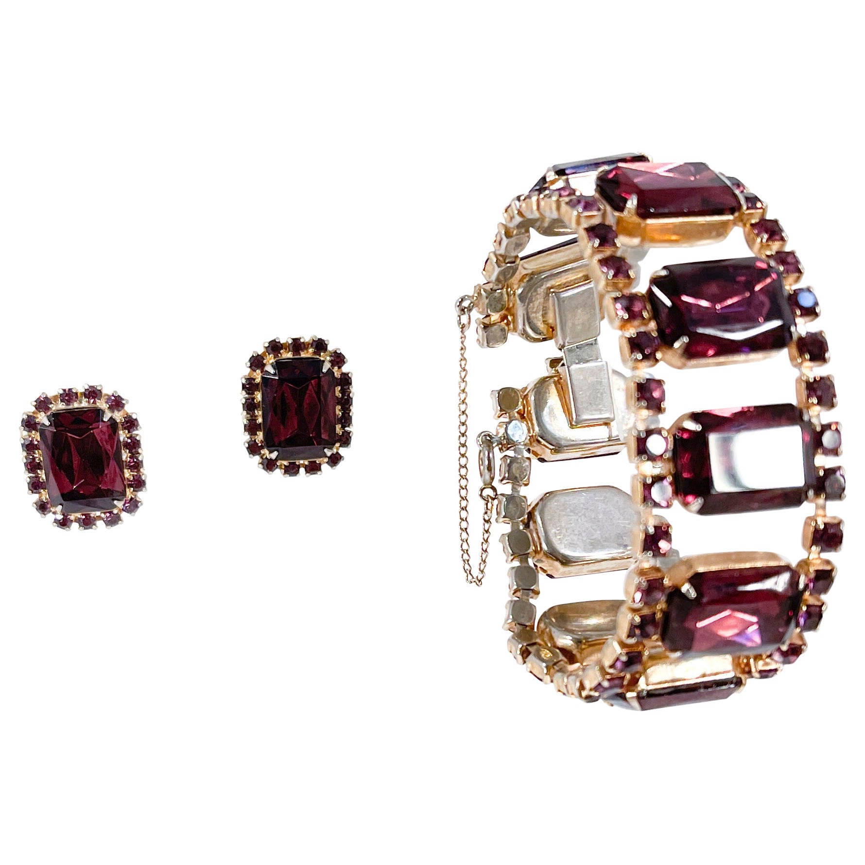 1950s Purple Rhinestone Bracelet and Earring Set