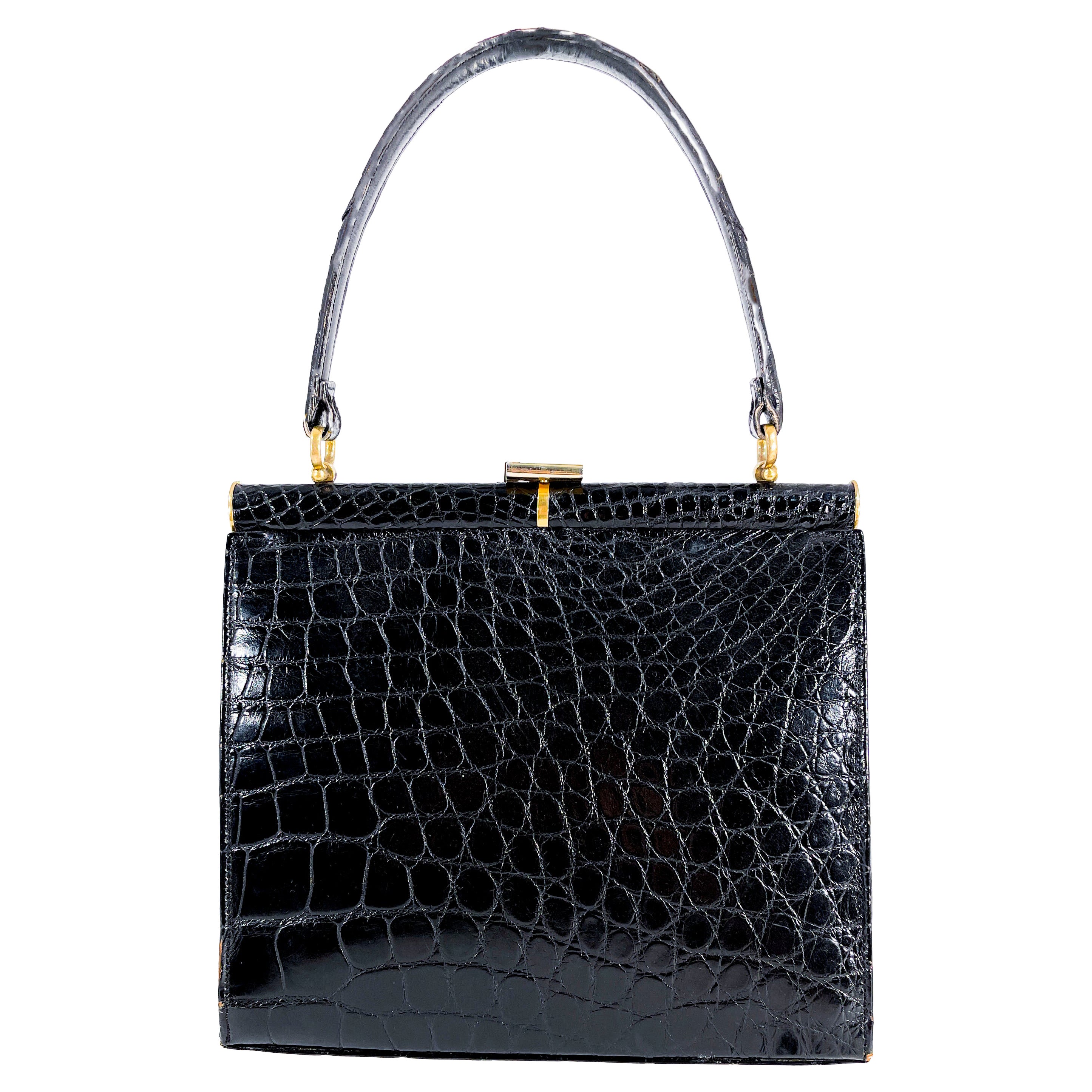 1960s Lucille De Paris Black Alligator Handbag