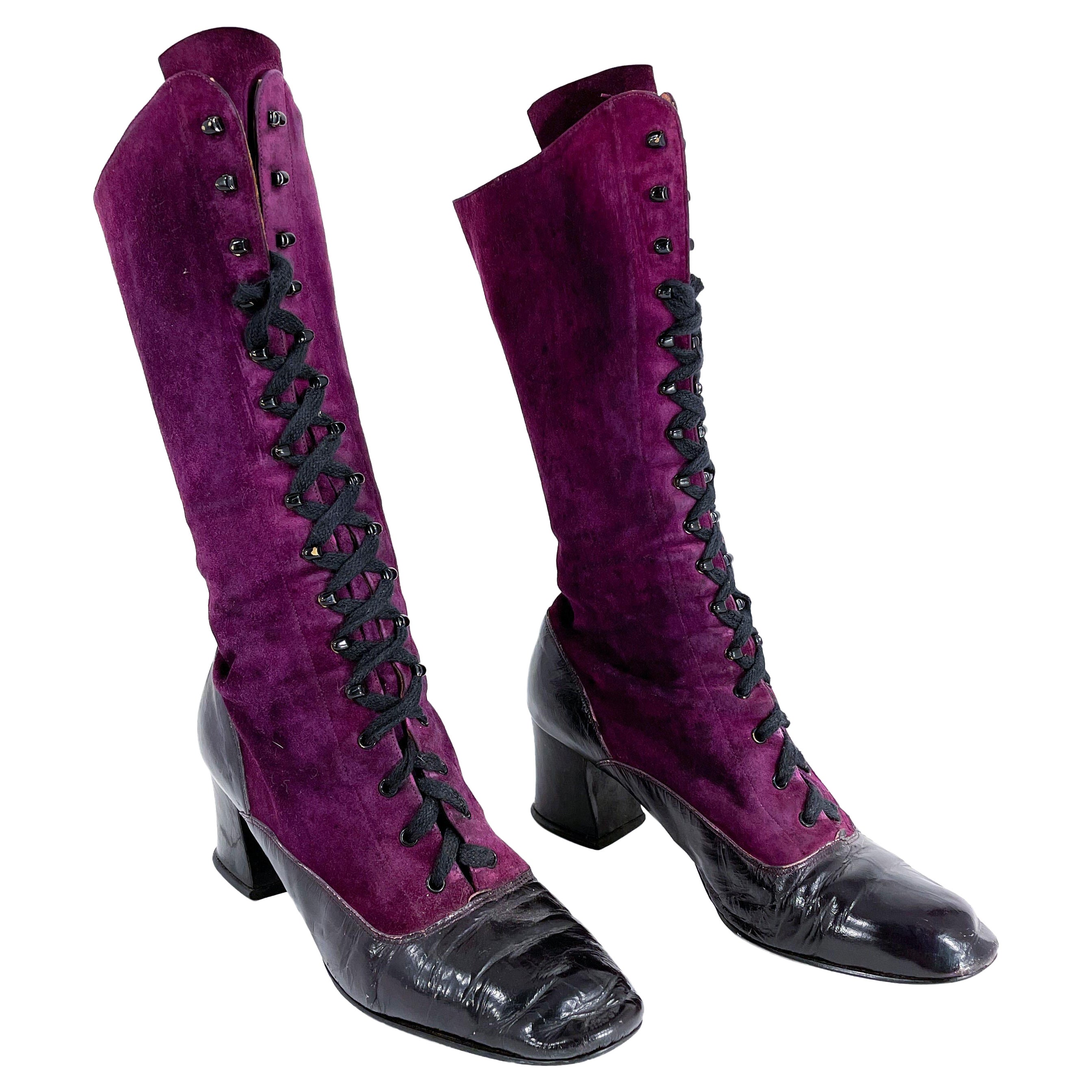 1970s Purple Suede and Black Boots For Sale
