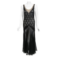 Vintage 1930's Französisch Couture Perlen Strass Sheer Eyelet Seide Bias-Cut Kleid