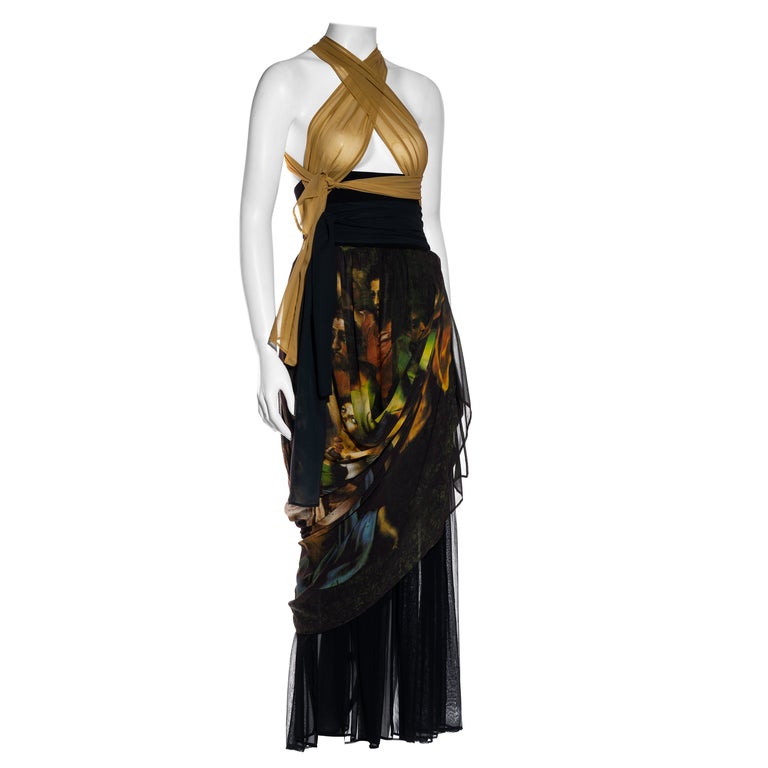 Dolce & Gabbana Renaissance printed silk dress with draped skirt, ss 1990 For Sale