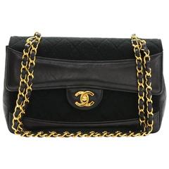 Retro Chanel Black Quilted Lambskin and Jersey Gold Chain Hardware Flap Shoulder Bag