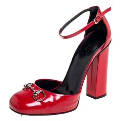 Gucci Red Leather Horsebit Block Heel Ankle Strap Sandals Size 38.5