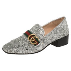 Gucci Metallic Silber Grob Glitter Marmont Peyton Loafer Pumps Größe 37.5