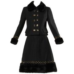 Jean Patou 1960s Vintage Studded Wool Jacket + Skirt Ensemble with Faux Fur Trim 5