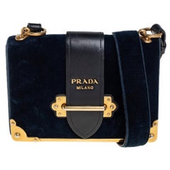 Prada Teal Blue/Black Velvet and Leather Cahier Shoulder Bag