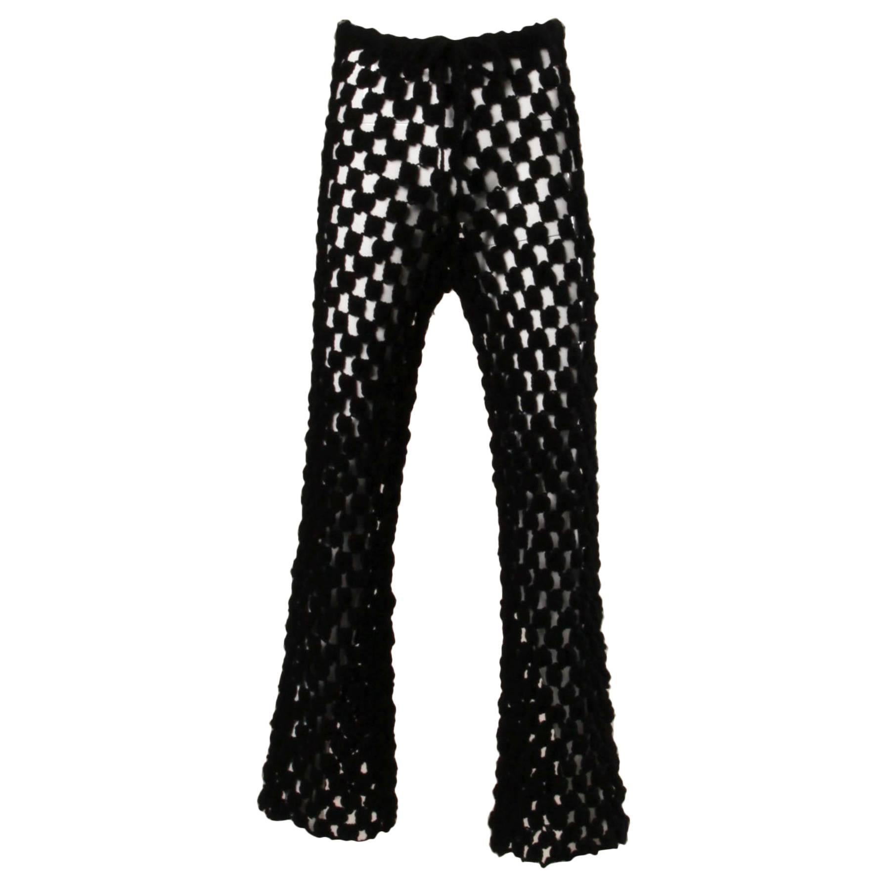 Joseph Magnin 1960s Vintage Hand Crochet Black Wool Bell Bottom Pants