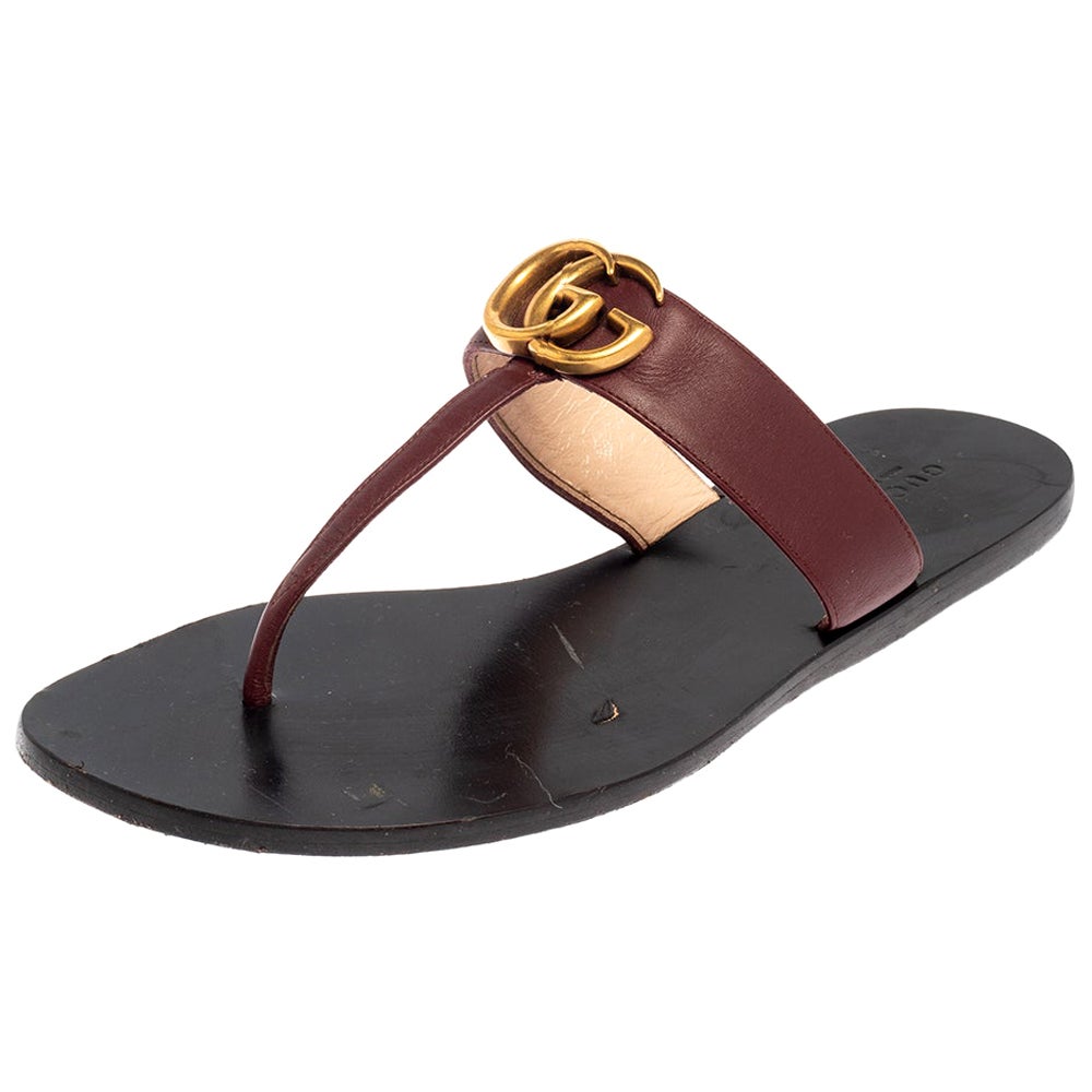 Gucci Burgundy Leather GG Marmont Thong Sandals Size 39