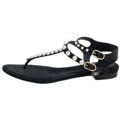 Chanel Black Leather Faux Pearl Thong Sandals Size 38