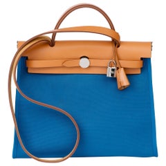 2016 Hermes "HERMÈS Natural Vache Hunter Cowhide Leather & Blue Ocean Canvas Her