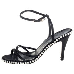 Chanel Black Satin Pearl Embellished Ankle Wrap Sandals Size 39.5