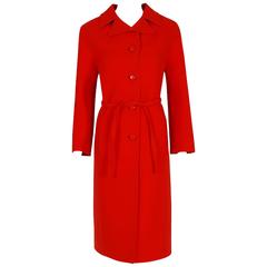 1970's Valentino Couture Red Wool Tailored Mod Military Belted Trench Coat
