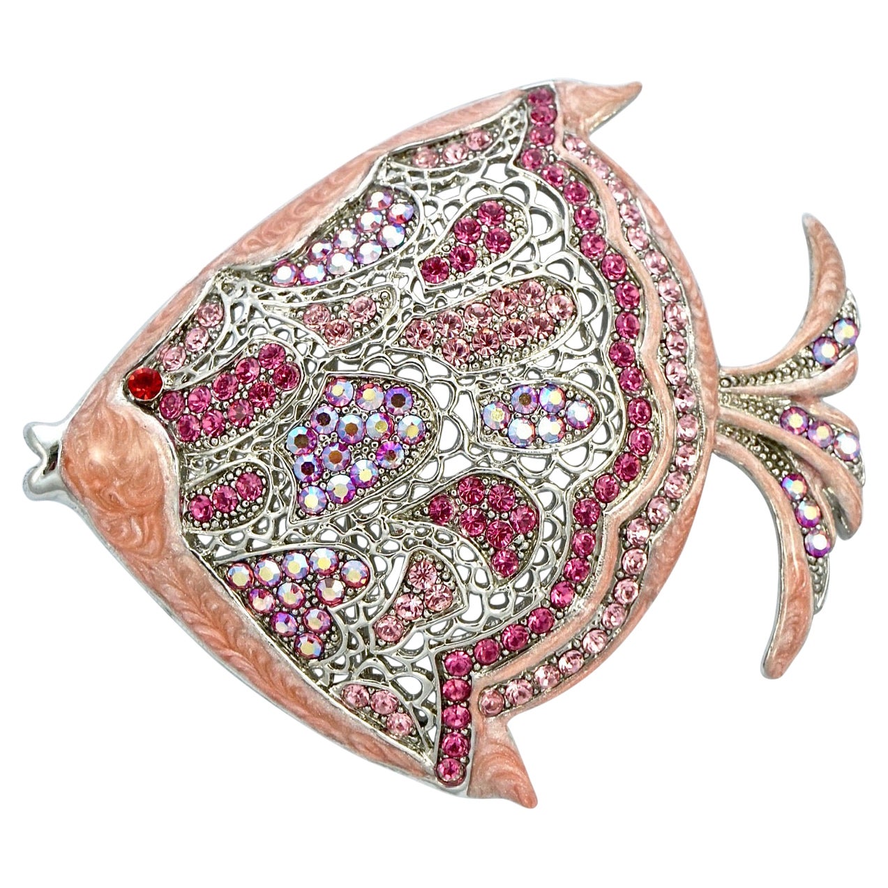 MD Silver Tone Fish Statement Brooch with Pink Enamel and Pink Rhinestones For Sale