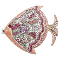 Vintage MD Silver Tone Fish Statement Brooch with Pink Enamel and Pink Rhinestones