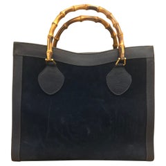 Retro 1990s GUCCI Navy Suede Leather Bamboo Tote Princess Diana Tote