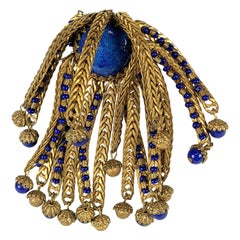 Vintage Miriam Haskell Russian Gilt Lapis Seed Bead Octopus Pin