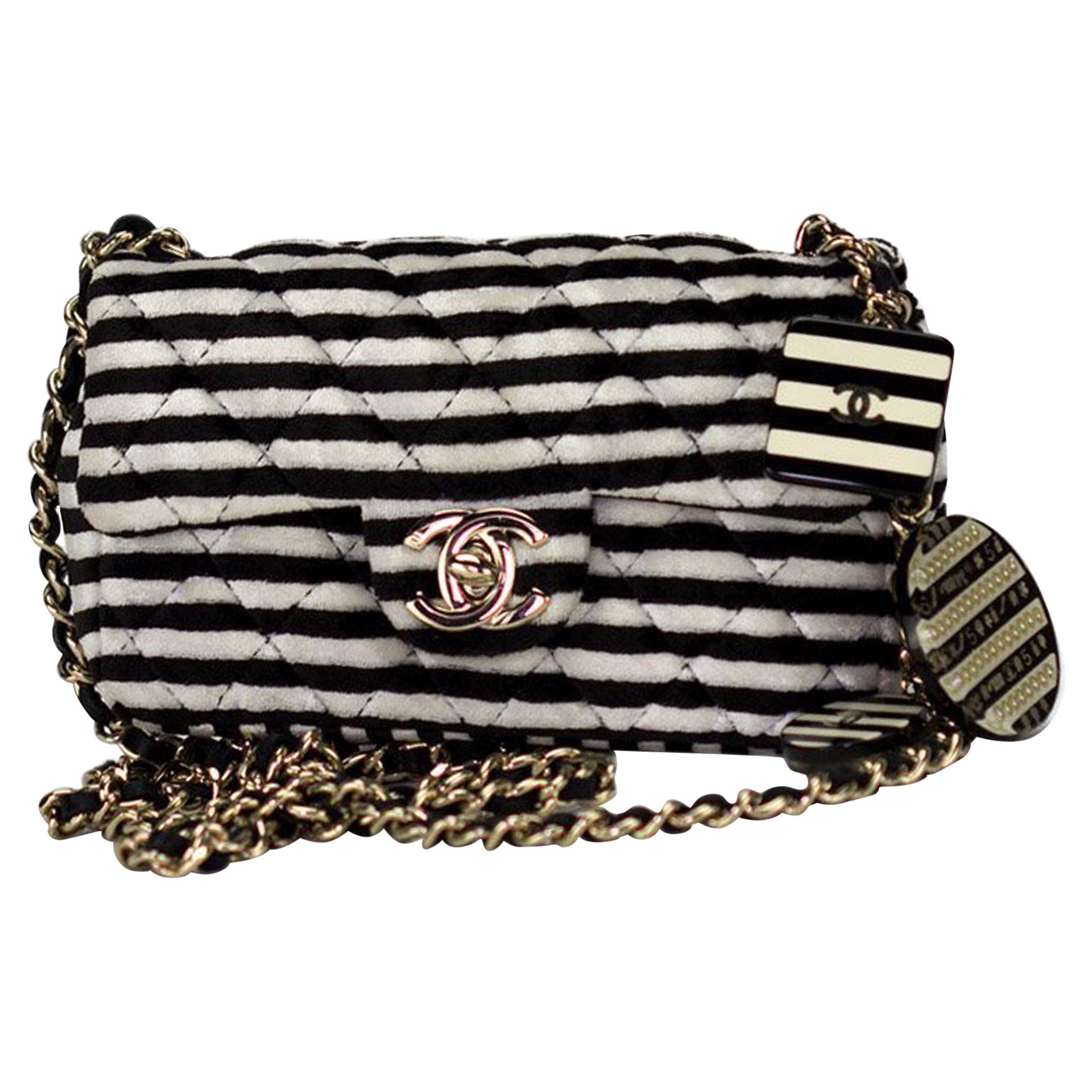 Chanel Vinatage Rare Striped Micro Mini Charm Velvet Crossbody Classic Flap Bag