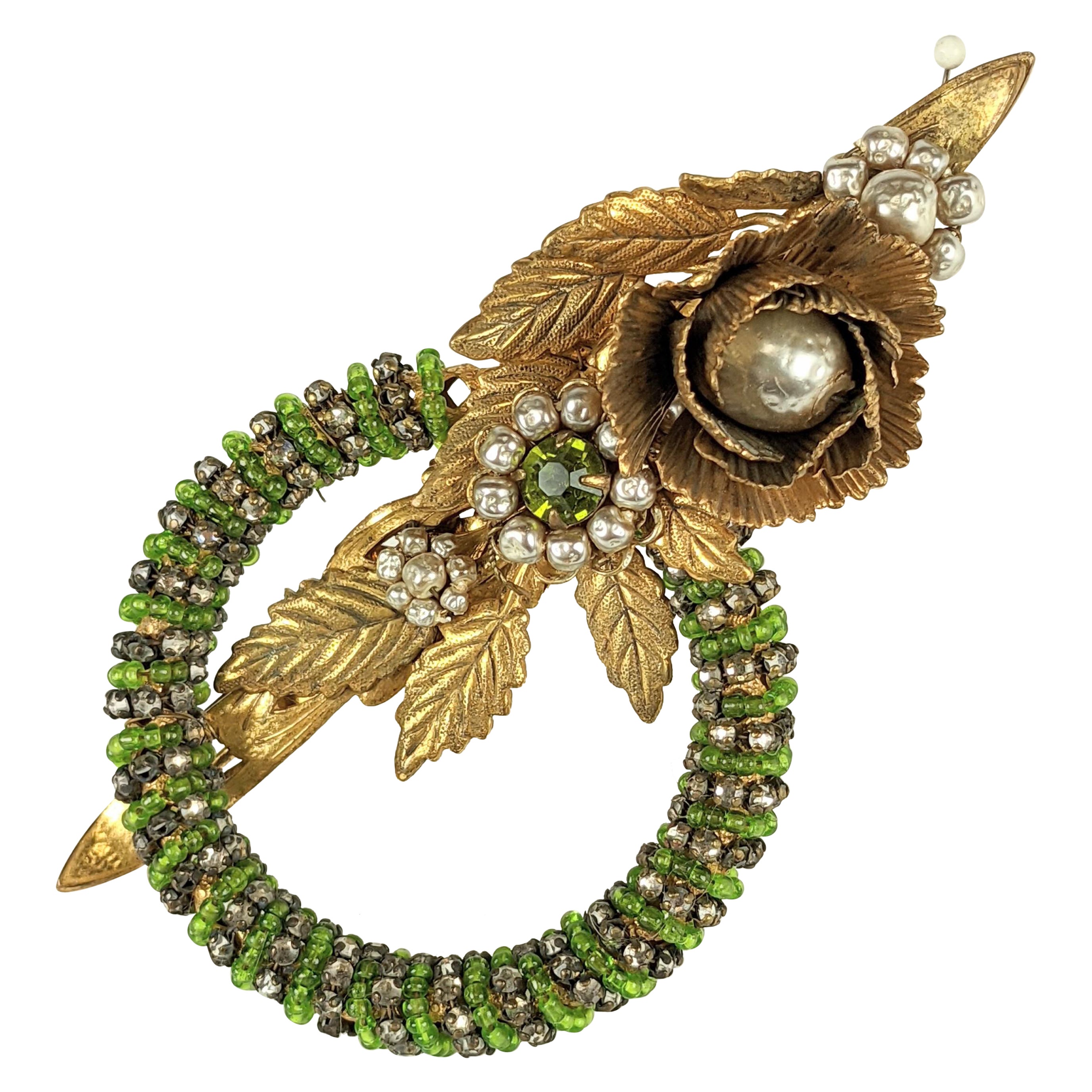 Miriam Haskell Gilt Flower Brooch with Beaded Hoop For Sale