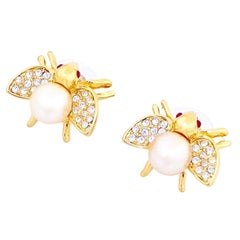 Dainty Flying Bug Figural Earrings With Pearls By Joan Rivers, 1990s