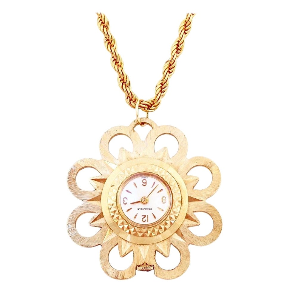 Mid Century Floral Watch Pendant Necklace By Caravelle, 1960s