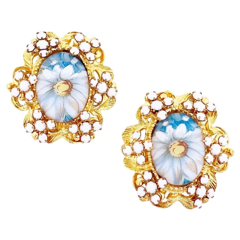 1960s Blue Floral Limoges Earrings With Milk Glass Rhinestones By Alice Caviness For Sale