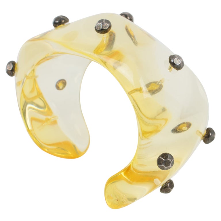 Oversized Yellow Champagne Lucite Cuff Bracelet with Gunmetal Studs For Sale