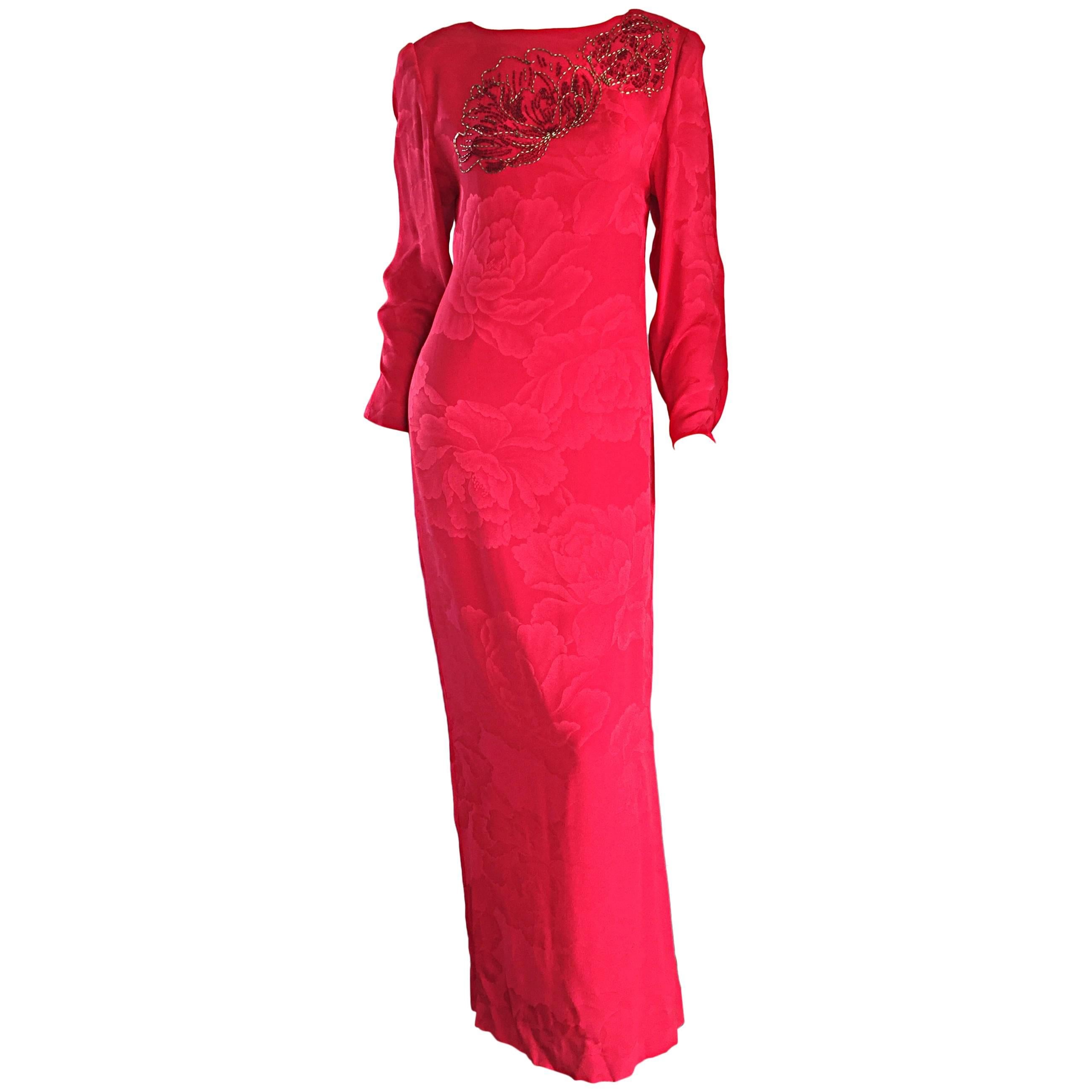 Beautiful Vintage Hanae Mori Lipstick Red Silk Beaded Floral Dress / Gown