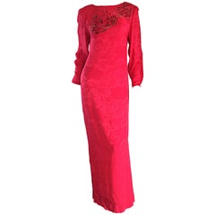 Beautiful Vintage Hanae Mori Lipstick Red Silk Beaded Floral Dress / Gown