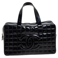 Chanel Black Quilted Patent Leather Chocolate Bar Bowler Bag