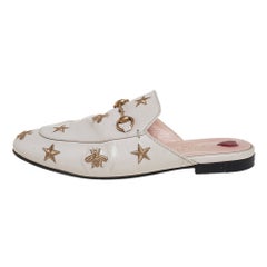 Gucci White Star And Bee Embroidered Leather Princetown Horsebti Mules Size 37.5