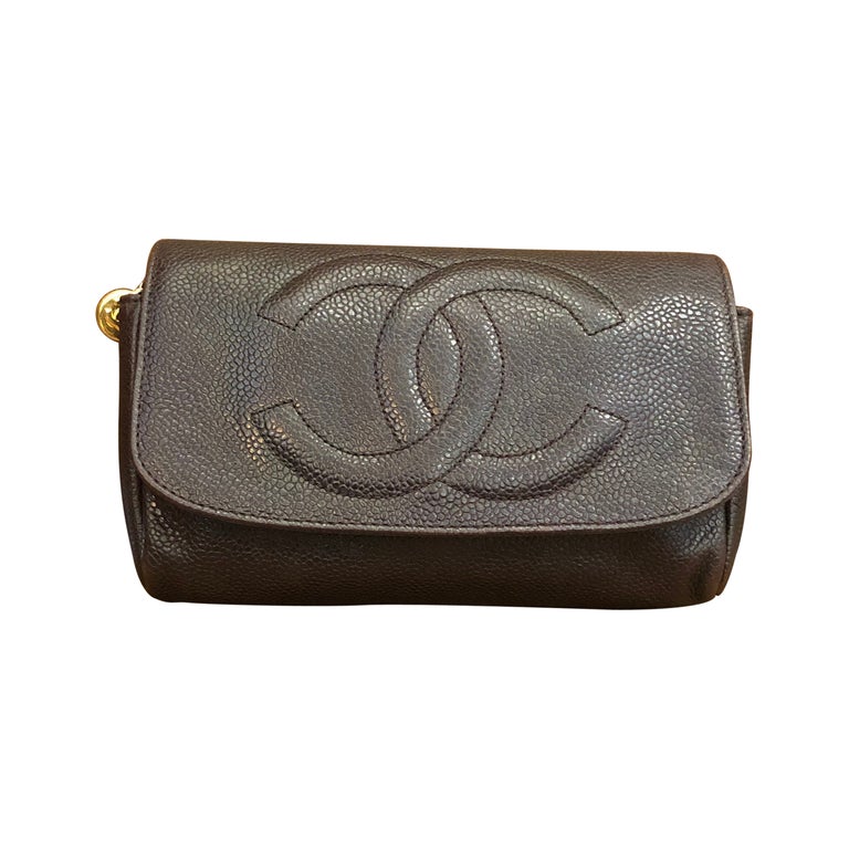 1990s CHANEL Dark Brown Caviar Cosmetic Pouch Clutch Bag at 1stDibs