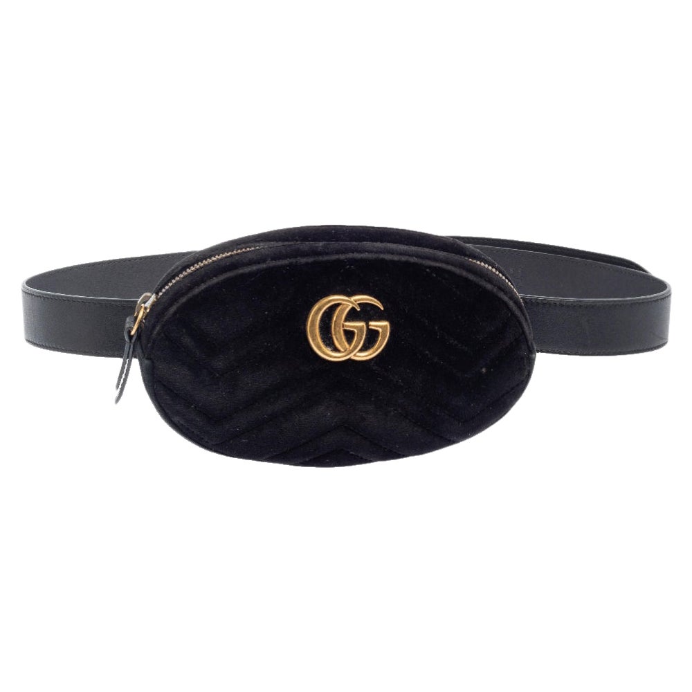 Gucci Black Matelassé Velvet and Leather GG Marmont Belt Bag