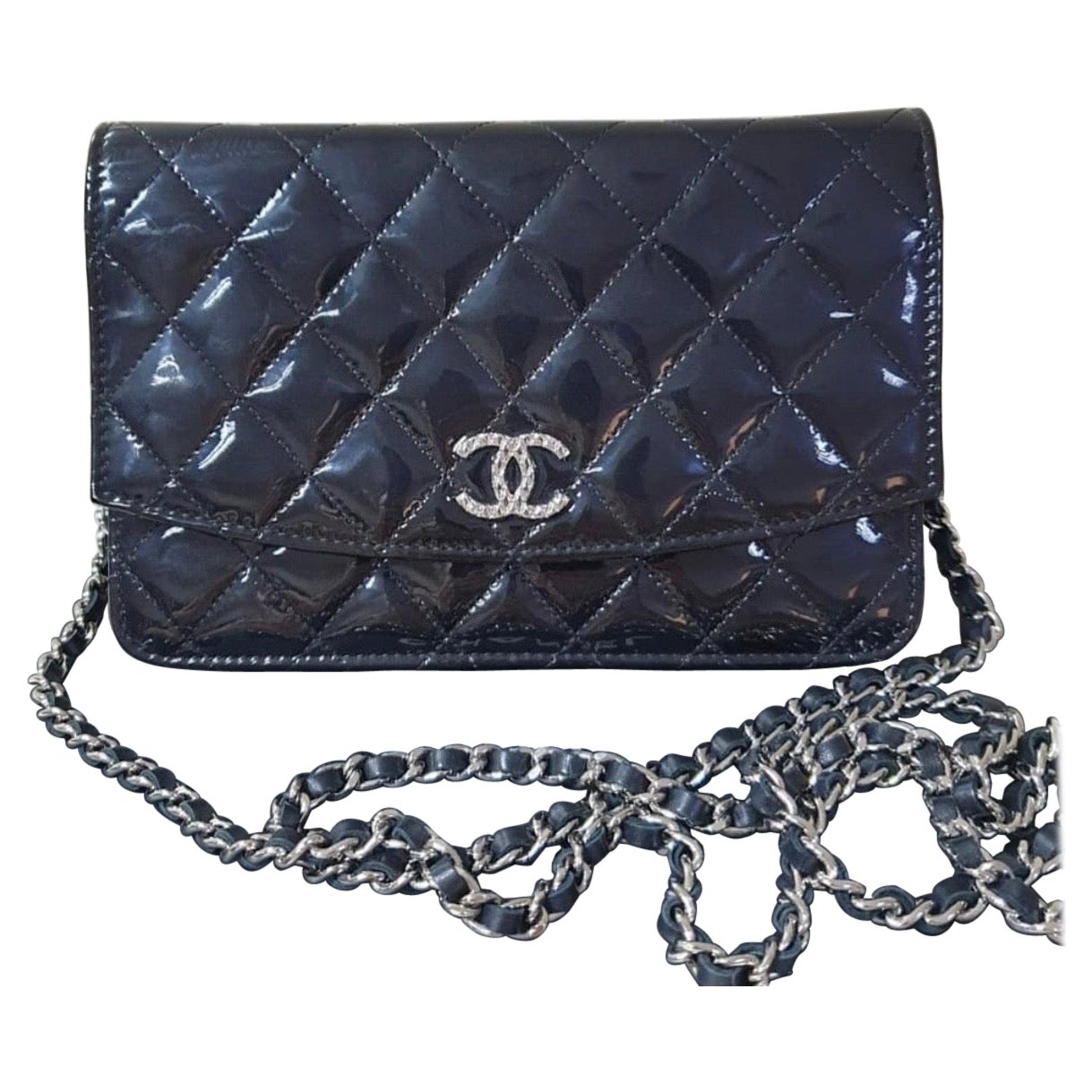 Chanel Black Cc Timeless Patent Leather Wallet On Chain
