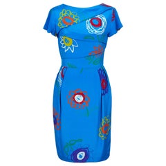 Lanvin - 1980s Vintage - Printed Silk Dress - Front Pleat Detail -Turquoise Silk