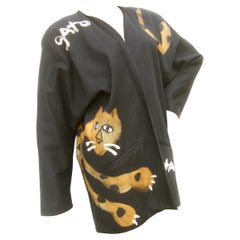 Schwarze handbemalte Kunsthandwerkliche Jacke mit Leoparden- und Graffiti-Design aus den 1980er Jahren