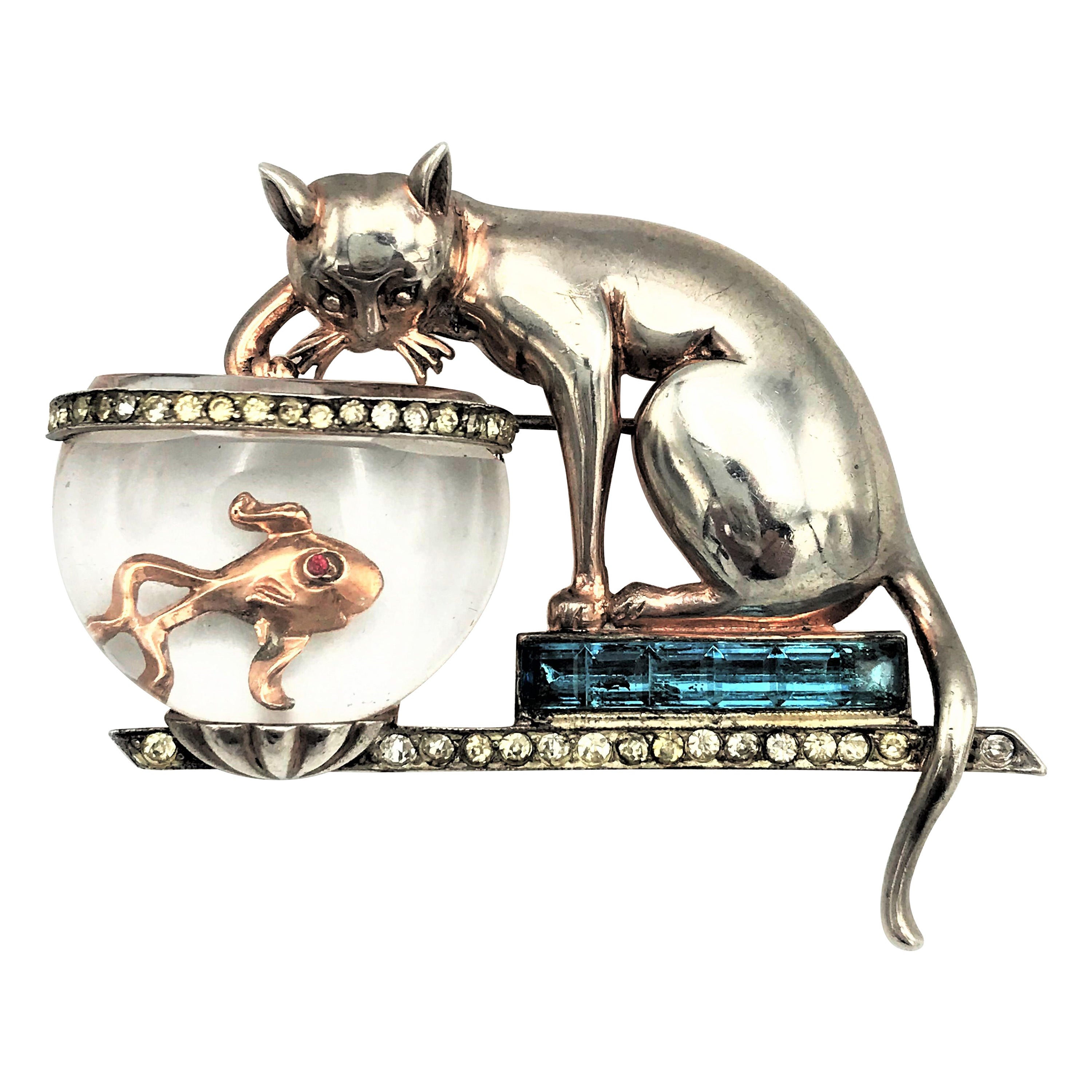 Anthony Aquilino Cat on fishing in Jelly Belly bowl brooch sterling silver 1946 