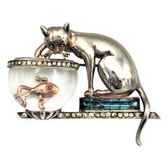 Vintage Anthony Aquilino Cat on fishing in Jelly Belly bowl brooch sterling silver 1946 