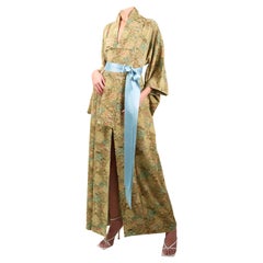Vintage Japanese hand made green floral silk over coat maxi robe gown kimono