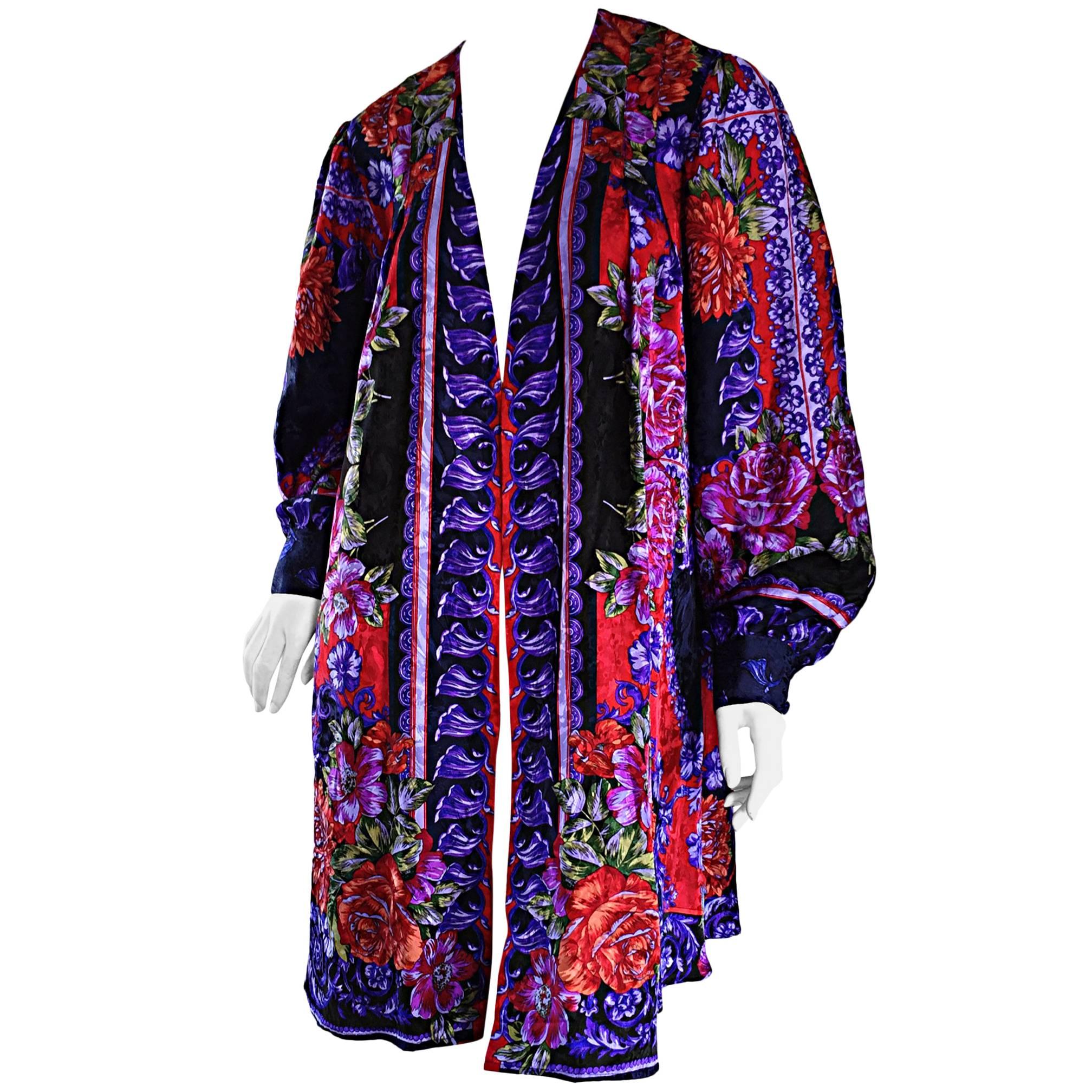 Vintage Diane Freis Colorful Silk Boho Floral Open Front Kimono Jacket