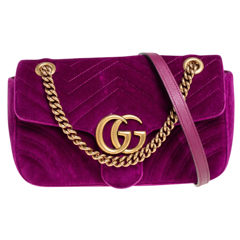 Gucci Magenta Matelassé Velvet Small GG Marmont Shoulder Bag