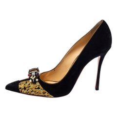 Christian Louboutin Black/Gold Suede And Brocade Tudor Net Pointed Toe Pumps Siz