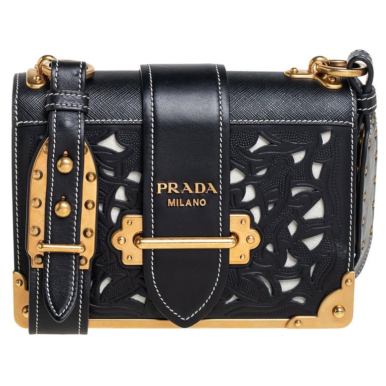 Prada Black Leather Laser Cut Cahier Shoulder Bag For Sale at 1stDibs