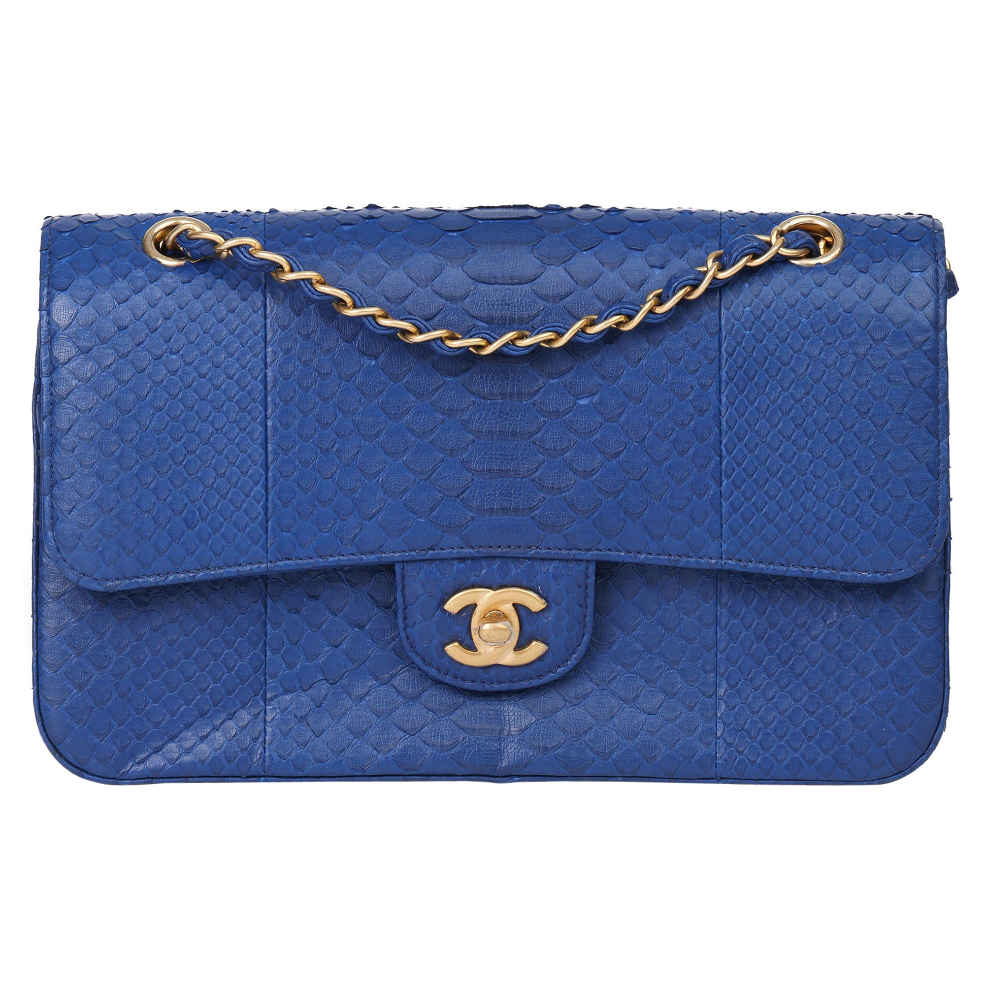 2017 Chanel Blue Python Leather Medium Classic Double Flap Bag at