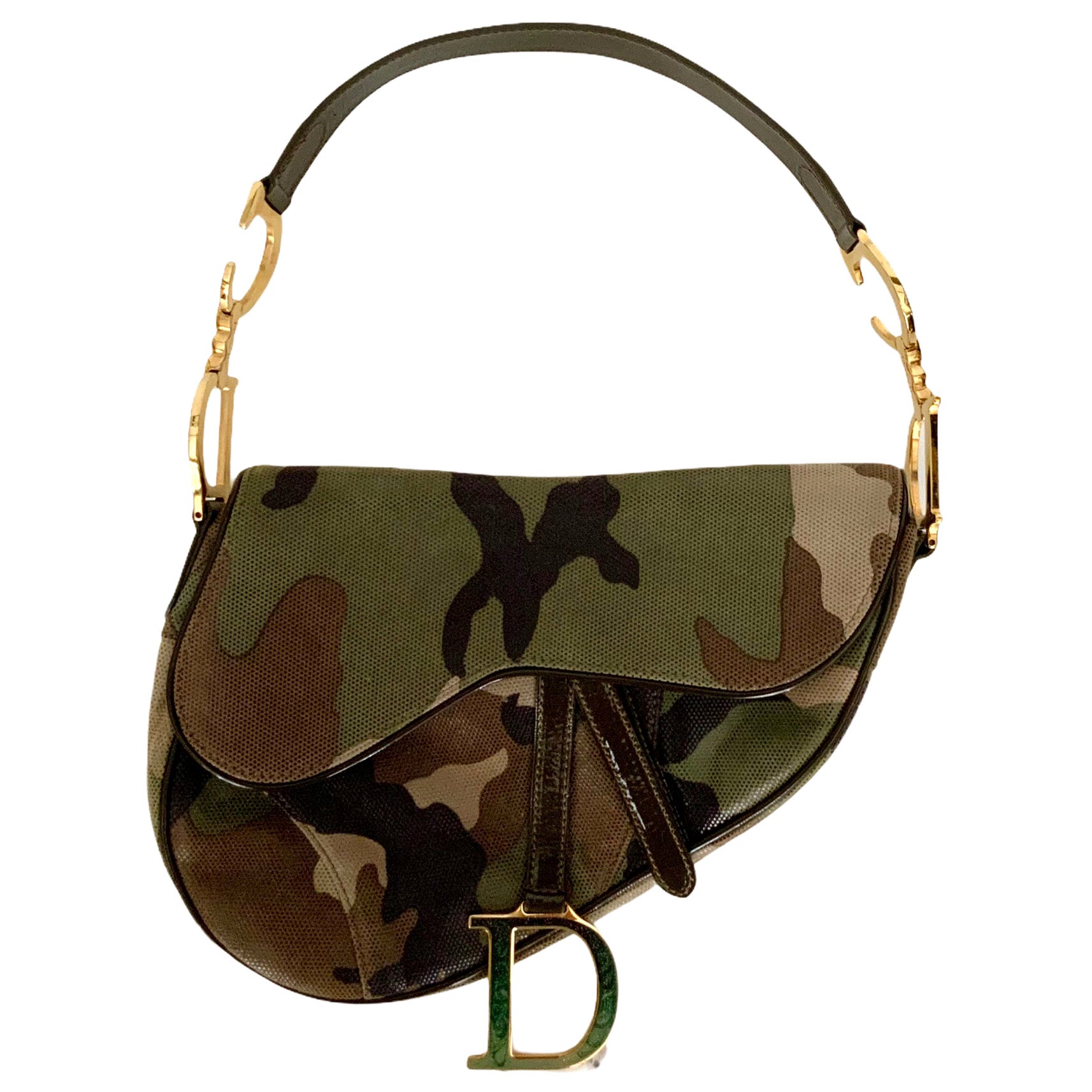 Christian Dior by John Galliano Khaki Camouflage Printed Leather Saddle Bag 