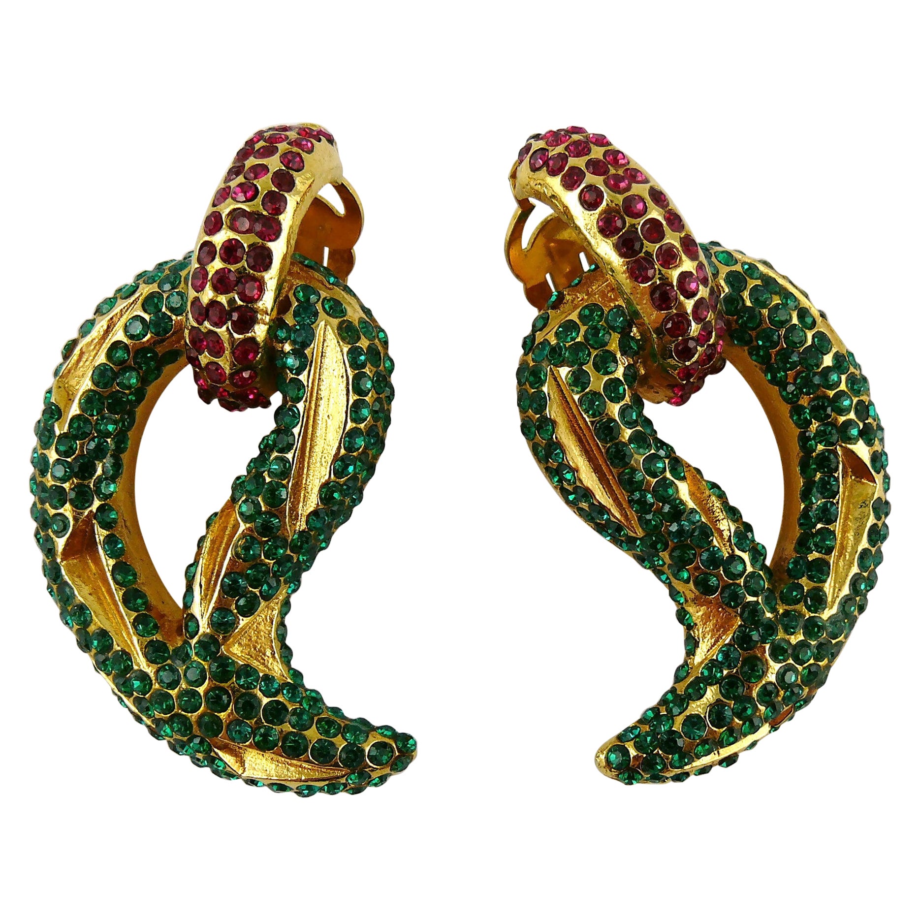 Lanvin Paris Vintage Jewelled Gold Toned Clip-On Earrings For Sale