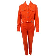 Early 1990's Versace Jeans Couture Orange Two-Piece Biker Suit