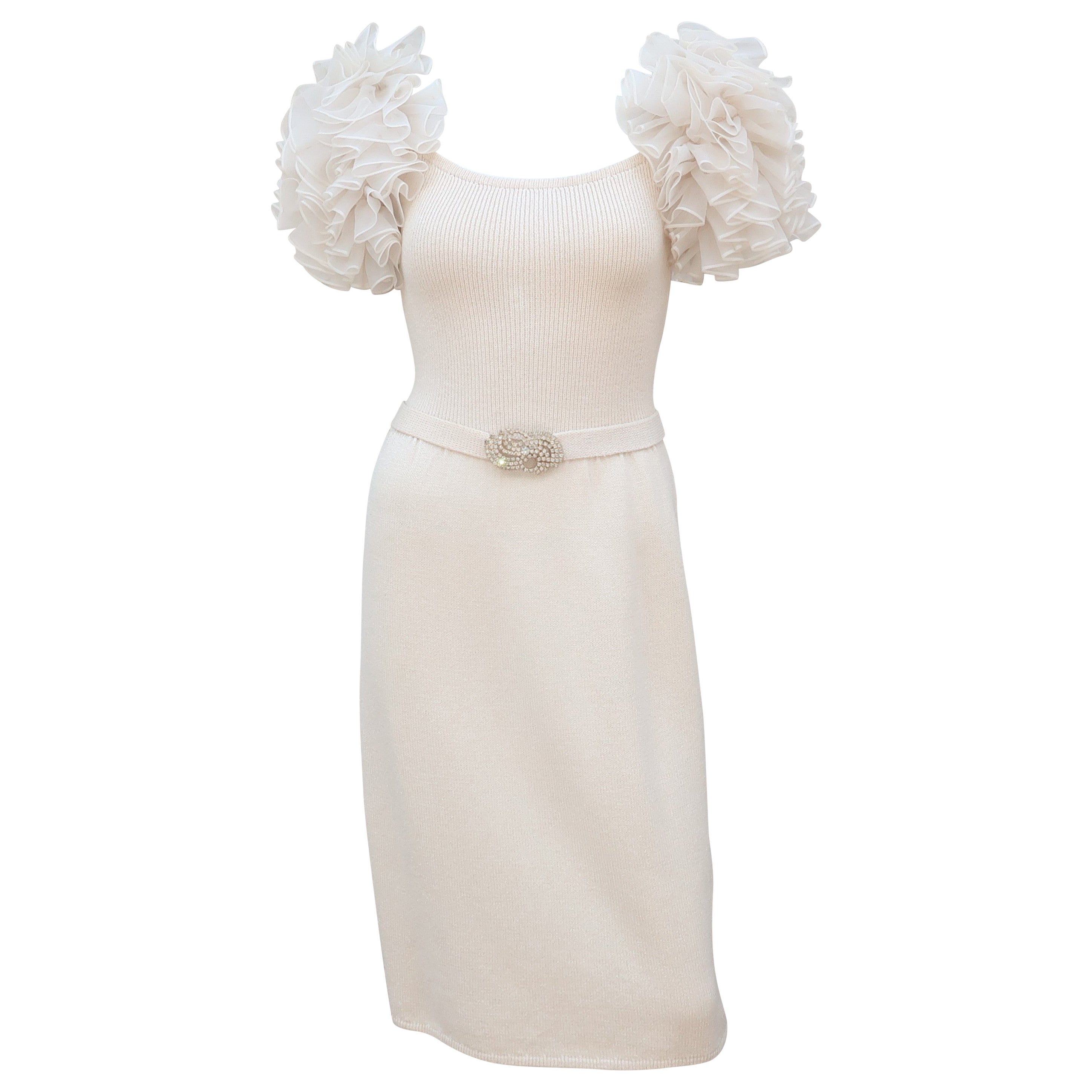 Ivory White Knit Cocktail Dress With Ruffled Sleeves & Rhinestones, C.1980
