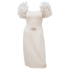 Vintage Ivory White Knit Cocktail Dress With Ruffled Sleeves & Rhinestones, C.1980